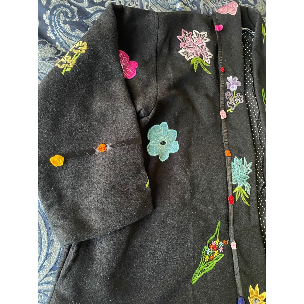 Anage Black Floral Embroidered Open Front Jacket 3D Ribbon Flowers Polka Dot OS‎ - Picture 8 of 16